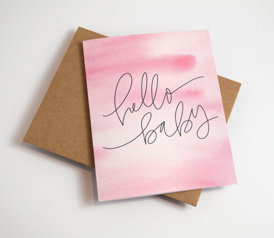 Hello Baby - Watercolor Card Pink