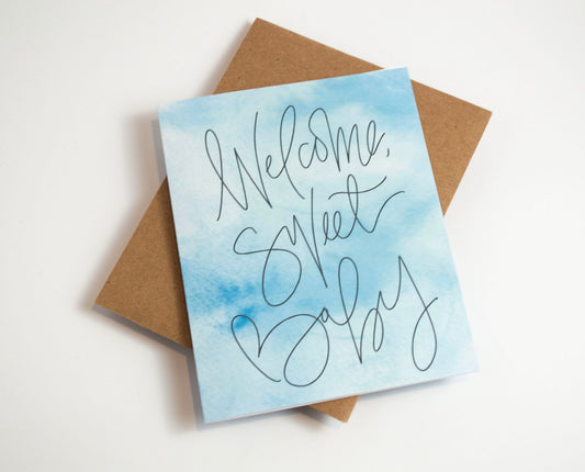 Welcome Sweet Baby - Watercolor Card Blue