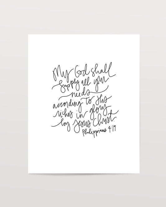 Philippians 4:19 - Black & White Art Print